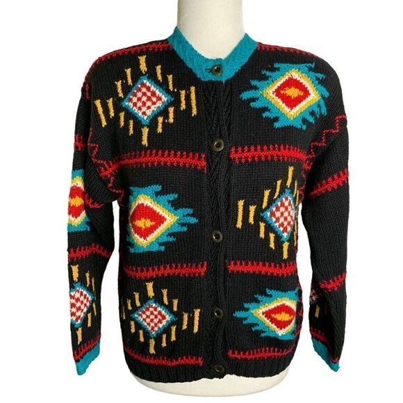 Vintage 80s Heavy Knit Cardigan Sweater S Black Southwestern Aztec Bold Color - Picture 1 of 6